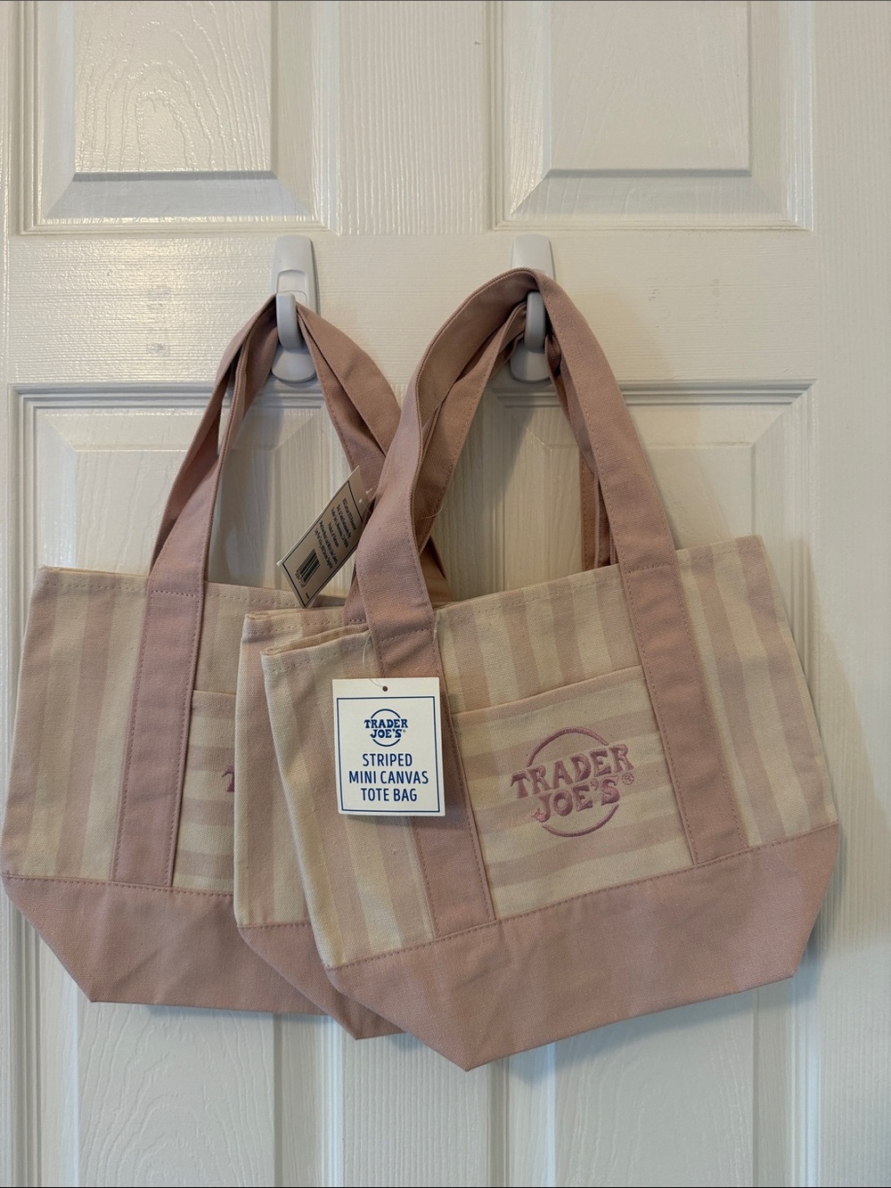 NWT Trader Joes Pastel Pink Striped Mini Tote Bags set of 3